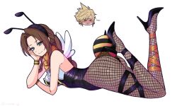  aerith_gainsborough arthropod_girl ass bee_girl black_leotard blue_eyes brown_hair cloud_strife female final_fantasy final_fantasy_vii final_fantasy_vii_remake fishnet_pantyhose fishnets from_side high_heels highleg highleg_leotard highres hu_manbee_ing lace_pantyhose_hooked_on_heel_(meme) leotard lying meme on_stomach pantyhose smile white_background wings 