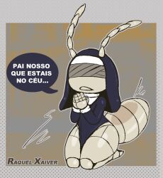  angel_insect antennae_(anatomy) anthro arthropod arthropod_abdomen dialogue exoskeleton female insects lizardfungus nun nun_outfit obscured_eyes portuguese_text praying solo speech_bubble text translation_request zoraptera 