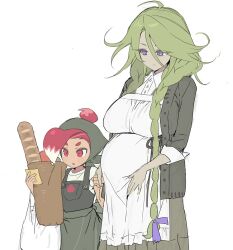  2girls :o age_difference ahoge apron asymmetrical_bangs bag baguette black_cardigan black_overalls braid bread breasts brown_bag cardigan closed_mouth collared_shirt colored_tips cookie_run cookie_run:_witch&#039;s_castle cowboy_shot food frilled_apron frills green_apron green_hair green_headscarf grey_skirt hair_bun hair_flaps half-closed_eyes headscarf highres holding holding_bag holding_hands humanization large_breasts long_hair low_twin_braids multicolored_hair multiple_girls ohta_guk_hip open_cardigan open_clothes open_mouth overalls paper_bag pregnant purple_eyes radish_cookie red_eyes red_hair rosemary_cookie shirt short_hair simple_background single_hair_bun skirt standing tsurime twin_braids two-tone_hair very_long_hair waist_apron white_apron white_background white_bag white_hair white_shirt 