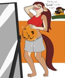  2023 accessory african_wild_dog anthro belly big_belly black_body black_fur bodily_fluids bodypaint bottomwear brown_body brown_fur brush canid canine closed_eyes clothed clothing dialogue duo dustin_(zenzzohyr) english_description english_text female fetal_movement fur hair hair_accessory hair_tie halloween hi_res holidays jack-o&#039;-lantern laughing_at male male/female mammal mirror multicolored_body multicolored_fur navel orange_background outie_navel paintbrush painting_body pink_nose ponytail pregnant pregnant_anthro pregnant_female pumpkin_belly raised_clothing raised_shirt raised_tank_top raised_topwear red_hair sasha_(zenzzohyr) shirt shorts simple_background sweat t-shirt tail tank_top text tied_hair topwear white_body white_fur zenzzohyr 