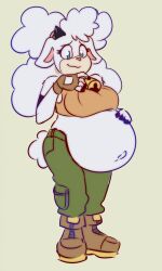  2023 absurd_res anthro bell bell_collar belly big_belly blue_eyes boots bottomwear bovid caprine cargo_pants clothing collar crop_top digital_drawing_(artwork) digital_media_(artwork) female fluffy fluffy_hair footwear fur hair hand_on_belly hi_res idw_publishing jest56 lanolin_the_sheep_(sonic) long_hair mammal navel outie_navel pants pink_inner_ear pregnant pregnant_anthro pregnant_female sega sheep shirt shoes simple_background solo sonic_the_hedgehog_(comics) sonic_the_hedgehog_(idw) sonic_the_hedgehog_(series) standing topwear white_body white_fur yellow_background 