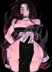  arms_behind_back bare_shoulders black_background black_choker black_hair black_kimono breasts choker cleavage closed_mouth collarbone colored_sclera commentary cropped_legs curvy demon_girl extra_eyes facial_tattoo female genderswap_(mtf) highres japanese_clothes kimetsu_no_yaiba kimono kokushibou large_breasts long_hair looking_at_viewer multicolored_hair narrow_waist pelvic_curtain red_hair red_sclera red_tattoo rule_63 sash scar scar_on_arm scar_on_leg serious simple_background solo tattoo text_in_eyes thick_thighs thighs two-tone_hair usa37107692 white_sash wide_hips yellow_eyes 