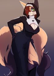  absurd_res anthro breasts brown_hair canid canine eyeshadow facial_markings female fennec_fox fox green_eyes hair hair_over_eye half-closed_eyes head_markings hi_res lizzard_sama makeup mammal markings mascara multi_tail narrowed_eyes nun nun_outfit prosthetic prosthetic_ear running_makeup running_mascara solo tail true_fox vixira_(syrup-taifh) 