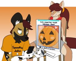  2023 accessory african_wild_dog animated anthro belly big_belly black_body black_fur bodypaint bottomwear brown_body brown_fur brush canid canine cellphone chair closed_eyes clothed clothing duo dustin_(zenzzohyr) electronics english_description english_text female fur furniture gradient_background hair hair_accessory hair_tie halloween hi_res holding_brush holding_cellphone holding_object holding_paintbrush holding_phone holding_smartphone holidays jack-o&#039;-lantern male male/female mammal multicolored_body multicolored_fur narrowed_eyes on_chair orange_background paintbrush painting_body phone pink_nose ponytail pregnant pregnant_anthro pregnant_female pumpkin_belly raised_clothing raised_shirt raised_tank_top raised_topwear red_hair romantic romantic_couple sasha_(zenzzohyr) shirt shorts simple_background sitting sitting_on_chair smartphone smile smiling_at_viewer story story_in_description t-shirt tail tail_motion tailwag tank_top text text_on_clothing text_on_shirt text_on_topwear tied_hair topwear white_body white_fur zenzzohyr 
