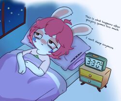  2025 3_fingers alarm_clock anthro arms_bent bangs bed blue_bedding blue_sky blush blush_lines bodypaint brown_eyes cellphone clear_sky clock clothed clothed_anthro clothed_female clothing colored digital_drawing_(artwork) digital_media_(artwork) electronics end_table english_description english_text eyelashes face_paint fan_character female female_anthro fingers fur furniture hair half-closed_eyes head_on_pillow hi_res inner_monologue lagomorph light lighting lying lying_on_bed mammal medium_hair narrowed_eyes night no_pupils noseless on_bed pey_(peypey_mei1925) peypey_mei1925 phone pillow pink_clothing pink_hair pink_shirt pink_topwear purple_blanket purple_pillow rabbid raving_rabbids rayman_(series) shaded shirt sky solo star starry_sky tan_eyelids tan_inner_ear text thinking time tired_eyes topwear ubisoft under_blanket white_body white_fur window 