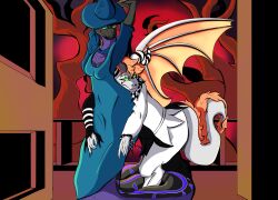  anthro apode black_body black_scales blue_costume clothing costume draconcopode dragon duo female fur green_sclera grey_body grey_fur hair halloween hat headgear headwear hi_res holidays horn hug hugging_another jester_outfit legless looking_at_another male melissa_(tobiasnana) mythological_creature mythological_scalie mythology naga orange_hair orange_wings plant purple_body purple_scales python raised_arms reptile scales scalie serpentine simple_background snake thomas_lipsen tree wings witch_costume witch_hat 