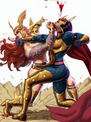  2girls abs angela_(marvel) armor big_barda blood bodypaint breasts cleavage dc_comics fighting highres large_breasts long_hair marvel marvel_rivals metal_bra multiple_girls muscular muscular_female navel norse pepedraws punching red_hair simple_background thor_(marvel)_(series) winged_headwear 
