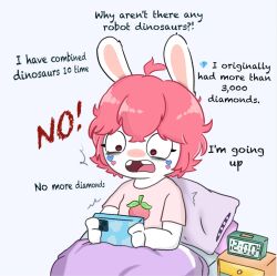  2025 3_fingers alarm_clock anthro arms_bent bangs bed blue_bedding bodypaint brown_eyes buckteeth cellphone clock clothed clothed_anthro clothed_female clothing colored digital_drawing_(artwork) digital_media_(artwork) electronics end_table english_description english_text exclamation_point eyelashes face_paint fan_character female female_anthro fingers fur furniture gem hair hi_res holding_cellphone holding_object holding_phone inner_monologue lagomorph light lighting looking_at_cellphone looking_at_object looking_at_phone mammal medium_hair no_pupils noseless number on_bed open_mouth pey_(peypey_mei1925) peypey_mei1925 phone pillow pink_clothing pink_hair pink_shirt pink_tongue pink_topwear purple_blanket purple_pillow rabbid raving_rabbids rayman_(series) shaded shirt simple_background sitting sitting_on_bed solo tan_inner_ear teeth text thinking time tired_eyes tongue topwear ubisoft under_blanket white_background white_body white_fur yelling 