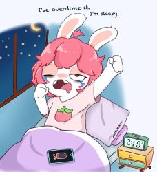  2025 3_fingers alarm_clock anthro arms_bent bangs bed blue_bedding blue_sky bodypaint brown_eyes cellphone clear_sky clock clothed clothed_anthro clothed_female clothing colored crescent_moon digital_drawing_(artwork) digital_media_(artwork) electronics end_table english_description english_text eyelashes face_paint fan_character female female_anthro fingers fur furniture hair hi_res inner_monologue lagomorph lidded_eyes light lighting mammal medium_hair moon night no_pupils noseless on_bed open_mouth pey_(peypey_mei1925) peypey_mei1925 phone pillow pink_clothing pink_hair pink_shirt pink_topwear purple_blanket purple_pillow rabbid raving_rabbids rayman_(series) shaded shirt sitting sitting_on_bed sky solo star starry_sky tan_eyelids tan_inner_ear text thinking time tired_eyes topwear ubisoft under_blanket white_body white_fur window yawn 