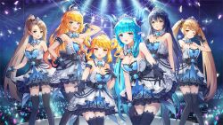  6+girls ahoge aisha_(king's_raid) artemia_(king's_raid) artist_request audience back_bow beads black_dress black_gloves black_horns black_ribbon black_thighhighs blonde_hair blue_dress blue_eyes blue_gemstone blue_hair bow breasts brooch brown_eyes brown_hair colored_petticoat commentary_request concert confetti dragon_girl dragon_horns dress dress_ribbon drill_hair elf english_commentary gem gloves glowstick green_eyes grey_dress hairbow hand_in_own_hair hand_on_own_chest hand_on_own_knee hand_up horns idol idol_clothes jewelry king's_raid korean_commentary laias_(king's_raid) large_breasts layered_dress long_hair long_sidelocks looking_at_viewer mediana medium_breasts medium_hair mixed-language_commentary multicolored_dress multiple_girls official_alternate_costume official_art one_eye_closed open_mouth penlight_(glowstick) pointy_ears ponytail reaching reaching_towards_viewer reina_(king's_raid) ribbon second-party_source selene_(king's_raid) short_dress sidelocks skirt_hold smile sparkle stage stage_lights straight_hair thighhighs tiara twin_drills twintails v very_long_hair waist_ribbon wavy_hair yellow_eyes 