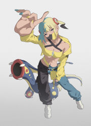  aqua_hair bandeau belt black_belt black_mask black_pants blonde_hair blue_eyes blue_nails blue_pants breasts canari_(pokemon) collarbone colored_sclera criss-cross_straps eel eelektross fangs female fish full_body highres jacket lamprey long_sleeves looking_at_viewer mask mega_stone mouth_mask multicolored_hair multicolored_nails navel open_mouth pants pokemon pokemon_(creature) pokemon_legends:_z-a red_eyes red_sclera short_twintails simple_background split-color_hair sports_bra thorn_(kmconceptart) twintails two-tone_hair two-tone_mask two-tone_pants yellow_bandeau yellow_jacket yellow_mask yellow_nails yellow_sports_bra 