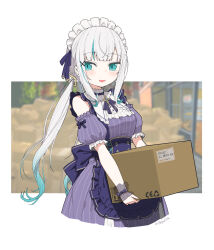  apron ars_almal ars_almal_(7th_costume) blue_eyes blue_hair bow box breasts cardboard_box classic_lolita collar cowboy_shot detached_sleeves dress female frilled_collar frilled_cuffs frilled_hairband frills hairband highres holding holding_box lolita_fashion maid_apron multicolored_hair nijisanji puffy_detached_sleeves puffy_short_sleeves puffy_sleeves purple_apron purple_ribbon ribbon short_sleeves sidelocks smile solo streaked_hair striped_clothes striped_dress striped_sleeves tatami_kami twintails vertical-striped_clothes vertical-striped_dress vertical-striped_sleeves virtual_youtuber waist_ribbon white_hair 