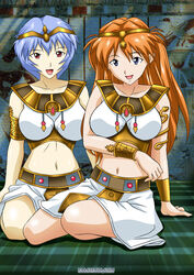  2girls asuka_langley_sohryu bare_arms bare_legs bare_midriff bare_shoulders belly_button belt blue_hair bracelet collar egypt egyptian egyptian_clothing female female_only ginger_hair gold_belt gold_bracelets gold_collar gold_headwear gold_tiara golden_belt golden_bracelets golden_collar golden_headwear golden_tiara headwear long_hair midriff navel neon_genesis_evangelion red_hair rei_ayanami shirt short_hair silk_skirt silk_top snake snake_bracelet tiara white_skirt 