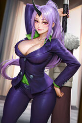  1girls absurdres athletic athletic_female big_breasts breasts busty cleavage clothed clothed_female clothing female female_focus female_only fingernails fit fit_female green_clothing green_shirt high_resolution highres hips holding_weapon horn huge_breasts large_breasts light-skinned_female light_skin long_hair long_ponytail looking_at_viewer nail_polish neoartcore nudtawut_thongmai ogre ogre_female oni oni_female pants ponytail purple_clothes purple_clothing purple_eyes purple_hair purple_nail_polish purple_nails purple_pants purple_suit shion_(tensei_shitara_slime_datta_ken) shirt slim_girl slim_waist smile smile_at_viewer solo solo_female solo_focus suit suit_jacket tensei_shitara_slime_datta_ken thick_thighs thighs very_high_resolution weapon wide_hips 