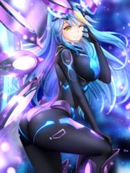  ahoge ass blue_hair blush bodysuit breasts cosplay female gigamessy large_breasts long_hair looking_at_viewer neptune_(series) next_purple next_purple_(cosplay) one_eye_closed original purple_heart_(neptunia) shin_jigen_game_neptune_vii smile solo very_long_hair yellow_eyes 