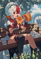  ahoge ankle_socks asymmetrical_legwear belt belt_pouch bench beret black_leotard black_socks black_thighhighs breasts brown_belt brown_gloves burger commentary covered_navel cropped_shirt day eating feet_out_of_frame female fingerless_gloves food food_on_face gloves grass greentanuki hair_between_eyes hat holding holding_food leotard leotard_under_clothes looking_at_viewer medium_breasts multicolored_hair neckerchief nina_(greentanuki) on_bench open_mouth orange_hair original outdoors pouch red_eyes red_footwear red_hair red_neckerchief red_shorts shirt short_hair short_sleeves shorts single_thighhigh sitting socks solo streaked_hair teeth thighhighs tree two-tone_hair uneven_legwear upper_teeth_only white_hair white_hat white_shirt wooden_bench wrist_cuffs 