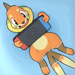  1:1 anthro buizel colrblnd countershading floating floating_on_water fur generation_4_pokemon happy holding_object light_body logo male nintendo nintendo_switch open_mouth open_smile orange_body orange_fur outside partially_submerged pokeball pokeball_(marking) pokemon pokemon_(species) ripples smile solo water waterscape wide_eyed 