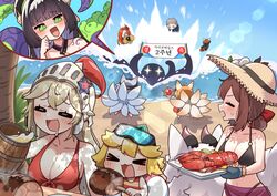  &gt;_&lt; 2boys :3 :d ara_(guardian_tales) beach beer_mug blonde_hair blunt_bangs blush boned_meat breasts chibi cleavage closed_eyes collarbone cup curled_horns dappled_sunlight day eight-tailed_fox_nari female_knight_(guardian_tales) food goggles goggles_on_head green_eyes guardian_tales hat helmet horns innkeeper_loraine junsuina_fujunbutsu large_breasts lens_flare little_princess_(guardian_tales) lobster long_hair mad_panda_trio meat mug multiple_boys multiple_girls multiple_tails navel nine_tailed_fox_garam non-circular_lens_flare ocean octopus open_mouth outdoors oven_mitts red_panda sarong sky smile speech_bubble spoken_character straw_hat summer_innkeeper_loraine sun_hair_ornament sun_hat sunlight swimsuit tail tentacle tree_shade water waves white_beast_(guardian_tales) wolf 