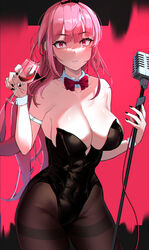  absurdres alcohol arm_strap bare_shoulders black_bow black_leotard black_nails blunt_bangs blush bow bowtie breasts brown_pantyhose cleavage collarbone covered_navel cowboy_shot cup detached_collar drink drinking_glass female hairbow highres holding holding_cup hololive hololive_english large_breasts leotard lessone long_hair looking_at_viewer low_ponytail microphone_stand mori_calliope nail_polish pantyhose parted_lips pink_background pink_eyes pink_hair playboy_bunny red_bow red_bowtie solo strapless strapless_leotard thighband_pantyhose tiara two-tone_background very_long_hair virtual_youtuber wide-eyed wine wine_glass wrist_cuffs 