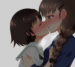  2girls bad_id bad_twitter_id black_ribbon blouse blue_sweater blush braid brown_eyes brown_hair from_side girls_und_panzer grey_background hair_ornament hair_over_shoulder hair_ribbon hairclip hug isobe_noriko kissing long_hair long_sleeves looking_at_another multiple_girls ooarai_school_uniform ribbon rukuriri_(girls_und_panzer) school_uniform serafuku shirt short_hair simple_background single_braid st._gloriana&#039;s_school_uniform sweat sweater tanutika upper_body white_shirt yuri 