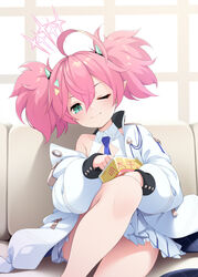  bag_of_chips blue_archive blue_necktie collared_dress commentary dress female green_eyes hair_between_eyes halo highres horns jacket long_hair long_sleeves mofu_namako momoka_(blue_archive) necktie one_side_up pink_hair pink_halo pointy_ears sitting solo tail twintails white_jacket 