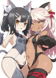  2girls :o :q animal_ear_fluff animal_ears animal_hands bare_shoulders bell black_gloves black_hair black_leotard black_panties black_thighhighs blue_ribbon blush breasts brown_eyes cat_ears cat_tail center_opening chloe_von_einzbern cosplay dark-skinned_female dark_skin elbow_gloves fake_animal_ears fate/kaleid_liner_prisma_illya fate_(series) feather_hair_ornament feathers fur_collar gloves grey_gloves grey_legwear grey_vest hair_between_eyes hair_ornament hair_ribbon hairclip highres illyasviel_von_einzbern illyasviel_von_einzbern_(beast_style) illyasviel_von_einzbern_(beast_style)_(cosplay) illyasviel_von_einzbern_(cosplay) jingle_bell leotard licking_lips long_hair looking_at_viewer miyu_edelfelt miyu_edelfelt_(beast_style) multiple_girls navel neck_ribbon open_mouth orange_eyes panties paw_gloves pink_hair ribbon shimejinameko sidelocks small_breasts smile tail thighhighs thighs tongue tongue_out twintails two_side_up underwear vest 