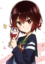  :&gt; absurdres alcohol artist_name blue_jacket blush breasts brown_eyes brown_hair chinese_commentary closed_mouth commentary_request female green_serafuku highres jacket kantai_collection mutsuki_(kancolle) mutsuki_kai_ni_(kancolle) red_wine school_uniform serafuku short_hair small_breasts sparkle star_(symbol) tomato_(lsj44867) upper_body weibo_watermark white_background wine 