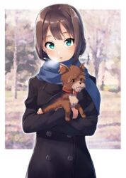  animal azama-k black_coat blue_scarf breath brown_hair canine coat commentary_request earrings enpera female green_eyes hanako_(idolmaster) idolmaster idolmaster_cinderella_girls jewelry long_hair looking_at_viewer outdoors partial_commentary scarf shibuya_rin winter 