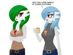  4:3 alyx_(cobra0281) blue_hair clothing cobra0281 container crossed_arms cup dialogue duo english_text female gardevoir generation_3_pokemon green_hair hair hair_over_eye hi_res holding_container holding_cup holding_object looking_at_another looking_at_partner nintendo not_furry one_eye_obstructed open_mouth orange_eyes pokemon pokemon_(species) red_eyes ruby_(ghostth39) shiny_pokemon simple_background text white_background 