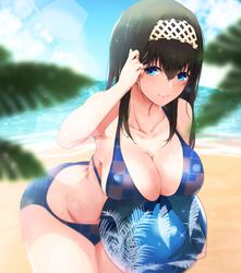  adjusting_hair arm_up ball bare_arms beach beachball bikini black_hair blue_eyes blue_sky blush breast_press breasts cleavage cloud collarbone day female hair_between_eyes hairband halterneck hand_in_own_hair highres hunched_over idolmaster idolmaster_cinderella_girls large_breasts leaf leaf_print long_hair looking_at_viewer ocean outdoors palm_leaf palm_tree ryuu. sagisawa_fumika sand sky smile solo sunlight swimsuit tree two-tone_bikini water wet wet_hair 