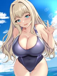  blonde_hair breasts cloud cloudy_sky competition_swimsuit cowboy_shot day dolphin_wave female highres kirahoshi_kanna large_breasts long_hair montemasa ocean one-piece_swimsuit open_mouth sky solo sunlight swimsuit virtual_youtuber water 