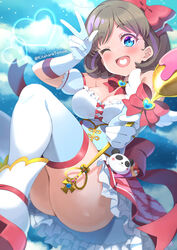  ;d airborne artist_name ass blue_eyes blurry bow bowtie breasts brooch brown_hair cleavage commentary commission corset depth_of_field detached_sleeves eyelashes female flipped_hair glint gloves hairbow hand_up heart heart_in_mouth holding holding_spoon holding_wand jewelry kitahara_tomoe_(kitahara_koubou) knees_up light_brown_hair looking_at_viewer love_live! love_live!_superstar!! magical_girl medium_breasts medium_hair miniskirt one_eye_closed open_mouth parted_bangs petticoat pink_bow pink_skirt puffy_short_sleeves puffy_sleeves short_sleeves side-seamed_gloves skeb_commission skirt sky smile solo spoon strapless tang_keke thighhighs toggles w waist_bow wand white_footwear white_gloves white_thighhighs 