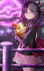  asymmetrical_bangs backpack bag black_choker black_hair black_jacket black_nails blurry blurry_background blurry_foreground chain-link_fence choker closed_mouth commentary_request depth_of_field dress earrings female fence glint green_eyes hair_ribbon holding holding_pokemon jacket jewelry marnie_(pokemon) medium_hair morpeko morpeko_(full) neon_lights pendant_choker piercing pink_dress poke_ball_symbol pokemon pokemon_(creature) pokemon_swsh red_bag red_ribbon ribbon setta_shu short_dress stud_earrings twintails undercut 