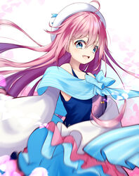  absurdres blue_eyes blue_ribbon commentary female flower highres long_hair looking_at_viewer mizugame_mia open_mouth pink_hair rascala39 re:act ribbon shirt simple_background skirt smile solo standing straight_hair virtual_youtuber 