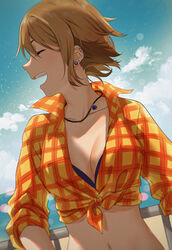  :d bikini bikini_top_only bikini_under_clothes blonde_hair blue_sky breasts cleavage closed_eyes collarbone day dress_shirt dutch_angle ear_piercing earrings emu_(emum) female hair_between_eyes highres idolmaster idolmaster_cinderella_girls jewelry kimura_natsuki lens_flare medium_breasts midriff navel necklace open_clothes open_mouth open_shirt outdoors photoshop_(medium) piercing plaid plaid_shirt purple_bikini shirt short_hair sky smile solo stomach swimsuit tied_shirt upper_body yellow_shirt 