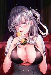  blush breasts cleavage clothes_lift commentary_request corset female grey_hair hachimaki hair_between_eyes hair_ornament headband highres huge_breasts kantai_collection long_hair looking_at_viewer lotion lotion_bottle purple_eyes sabakuomoto shirt shirt_lift solo suzutsuki_(kancolle) tongue tongue_out upper_body white_headband white_shirt 