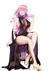  absurdres azur_lane bad_id bad_pixiv_id bare_legs black_dress blush breasts cleavage commentary_request cosplay crossed_legs cup dress drinking_glass dsr-50_(girls&#039;_frontline) dsr-50_(girls&#039;_frontline)_(cosplay) dsr-50_(highest_bid)_(girls&#039;_frontline) duke_of_york_(azur_lane) earrings female full_body girls&#039;_frontline gosama high_heels highres holding holding_cup jewelry large_breasts legs long_hair looking_at_viewer official_alternate_costume open_mouth pink_hair see-through see-through_cleavage sitting solo spilling thighs transparent_background wine_glass yellow_eyes yellow_footwear 