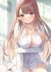  arm_under_breasts bed_sheet blush breasts brown_eyes brown_hair cleavage closed_mouth collarbone commentary_request dress_shirt female highres large_breasts long_hair looking_at_viewer mamiya_yurika naked_shirt on_bed oryo_(oryo04) ponkotsu_kawaii_mamiya-san shirt sidelocks sitting smile solo white_shirt window 