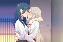  2girls alternate_costume arm_around_neck blue_hair blush breasts byleth_(female)_(fire_emblem) byleth_(fire_emblem) closed_eyes collared_shirt commentary contemporary cowboy_shot dress_shirt edelgard_von_hresvelg fence fire_emblem fire_emblem:_three_houses french_kiss from_side grey_hair grey_necktie grey_skirt hug kissing long_hair long_sleeves medium_breasts multiple_girls necktie plaid plaid_neckwear plaid_skirt profile red_necktie red_skirt shirt skirt sweatdrop twitter_username white_shirt yukiyanagi_raki yuri 