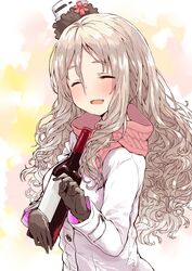  :d ^_^ alternate_costume blush bottle brown_gloves brown_hair casual closed_eyes coat female gloves gradient_background hair_between_eyes holding holding_bottle kantai_collection long_hair long_sleeves matsutani open_mouth pink_scarf pola_(kancolle) scarf smile solo very_long_hair wavy_hair white_coat wine_bottle 