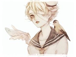  1boy animal_on_shoulder bandage_over_one_eye bandages bird bird_on_shoulder blonde_hair commentary feathered_wings hat highres james_(vocaloid) looking_away male_focus neckerchief oliver_(vocaloid) one_eye_covered painting_(medium) parted_lips sailor_collar sailor_hat sanpaku simple_background single_wing tency traditional_media upper_body vocaloid watercolor_(medium) white_background white_headwear wings yellow_eyes 