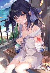  blush commentary_request cup day dress feet_out_of_frame female flower hair_ribbon highres holding holding_cup kedama_milk long_hair looking_at_viewer mole mole_under_eye neck_ribbon ocean on_bench original outdoors purple_hair ribbon sailor_collar seashell shell short_dress sidelocks sitting solo sunflower sutora-chan sweat twitter_username utensil_in_mouth white_dress white_sailor_collar yellow_eyes yellow_flower 