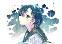  blue_eyes blue_hair blue_ribbon closed_mouth commentary female green_sailor_collar hair_between_eyes neck_ribbon original partially_submerged rain ribbon sailor_collar school_uniform serafuku shirt solo tomozero upper_body water wet wet_clothes wet_shirt white_shirt 