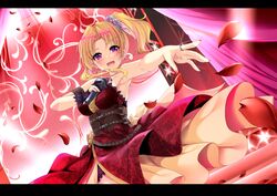  :d arm_strap bare_shoulders blonde_hair blush breasts commentary_request dress earrings female flower hair_flower hair_ornament highres holding holding_microphone idolmaster idolmaster_cinderella_girls jewelry kiryu_tsukasa_(idolmaster) letterboxed medium_breasts microphone music nail_polish open_mouth outstretched_hand petals purple_eyes red_dress red_nails ring rose_petals side_ponytail singing smile solo strapless strapless_dress yuu_sagi 