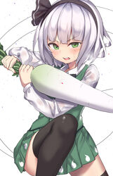  absurdres alternate_weapon black_hairband black_ribbon black_thighhighs blunt_bangs daikon female food green_eyes green_skirt green_vest hair_ribbon hairband highres holding holding_food isemori konpaku_youmu long_sleeves looking_at_viewer medium_hair miniskirt radish ribbon shirt skirt skirt_set solo sweat thighhighs touhou vest weapon white_hair white_shirt 