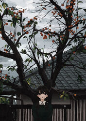  absurdres backpack bag black_hair brown_eyes building cloud cloudy_sky collared_shirt commentary dress_shirt female fence food fruit green_shirt highres long_hair long_sleeves looking_at_viewer open_mouth original outdoors persimmon scenery shirt sky solo tree twintails uniunimikan white_shirt 