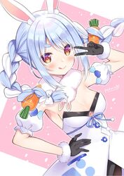  animal_ear_fluff animal_ears armband armpits black_gloves blue_hair blush braid breasts carrot carrot_hair_ornament cleavage closed_mouth commentary_request don-chan_(usada_pekora) extra_ears female food-themed_hair_ornament gloves gradient_hair hair_ornament hololive long_braid long_hair looking_at_viewer multicolored_hair rabbit_ears rabbit_girl scarf smile solo sumisaki_yuzuna tongue tongue_out twin_braids two-tone_hair usada_pekora usada_pekora_(1st_costume) v virtual_youtuber 