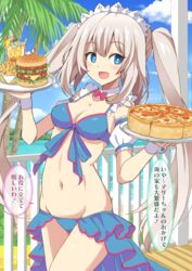  bare_shoulders beach bikini blue_bikini blue_eyes blue_sky blush breasts burger cleavage collarbone commission day fate/grand_order fate_(series) female food french_fries grey_hair highres long_hair looking_at_viewer maid_headdress marie_antoinette_(fate) marie_antoinette_(swimsuit_caster)_(fate) marie_antoinette_(swimsuit_caster)_(third_ascension)_(fate) medium_breasts navel open_mouth outdoors pixiv_commission pizza plate shimouki_izui sky smile solo speech_bubble swimsuit thighs translation_request twintails very_long_hair 