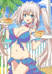  bare_shoulders beach bikini blue_bikini blue_eyes blue_sky blush breast_expansion breasts burger cleavage collarbone commission day fate/grand_order fate_(series) female food french_fries grey_hair highres huge_breasts long_hair looking_at_viewer maid_headdress marie_antoinette_(fate) marie_antoinette_(swimsuit_caster)_(fate) marie_antoinette_(swimsuit_caster)_(third_ascension)_(fate) navel open_mouth outdoors pixiv_commission pizza plate shimouki_izui sky smile solo swimsuit thighs twintails very_long_hair 