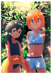  2girls absurdres ahoge arms_behind_back bare_arms bikini black_hair blue_eyes blue_one-piece_swimsuit border bright_pupils check_copyright chromatic_aberration closed_mouth commentary_request copyright_request cowboy_shot dappled_sunlight day expressionless hair_ornament hairclip highres holding holding_swim_ring inami_hatoko innertube long_hair looking_at_viewer midriff multiple_girls navel one-piece_swimsuit orange_hair original outdoors short_hair smile summer sunlight swim_ring swimsuit tankini white_border white_pupils 